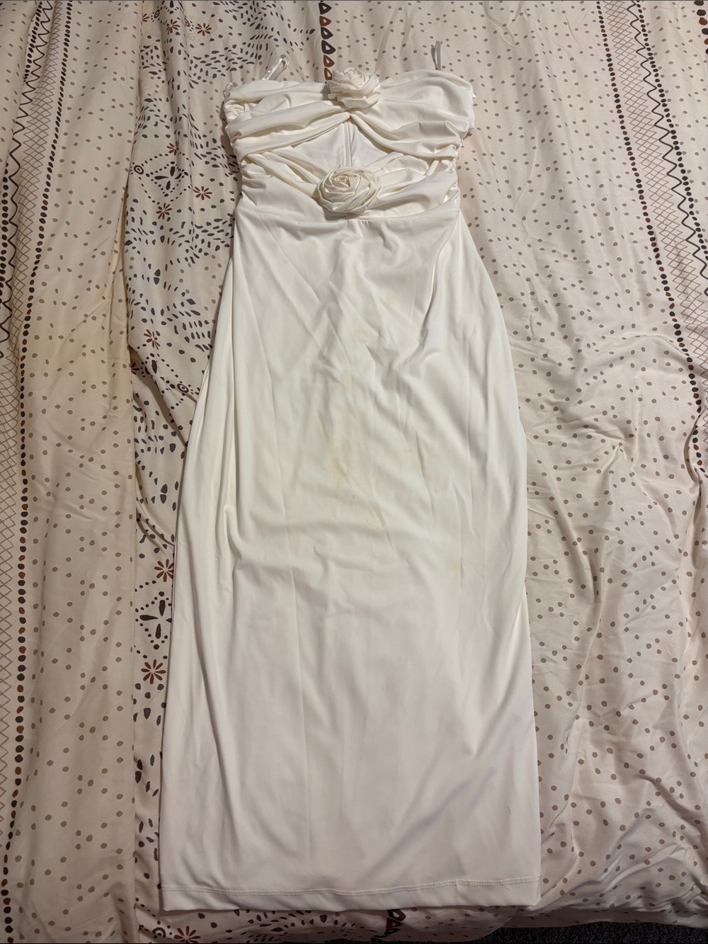 Torn by Ronny Kobo Strapless White Rosette Maxi Dress